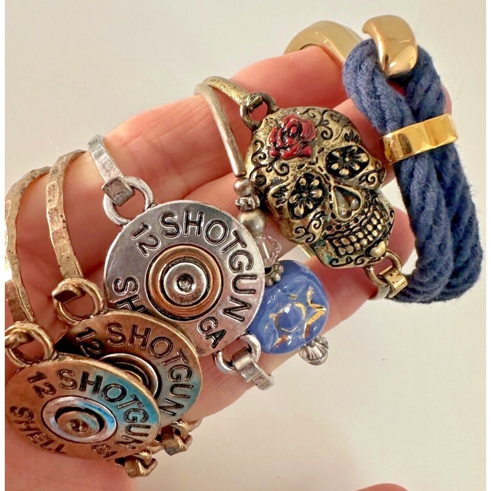 Shotgun Shell Bangle Bracelet Day of‎ the Dead Lot Hook Gold Silver Tones Set 6